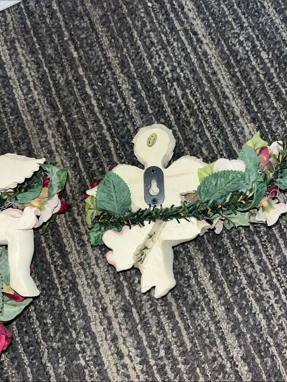 Decorative Cherub Wall Plaques with Burgundy Roses - Home Accents Resin